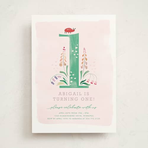 This is a jade kids birthday invitations with standard by Eve Schultz called number one bug printing on signature in standard
