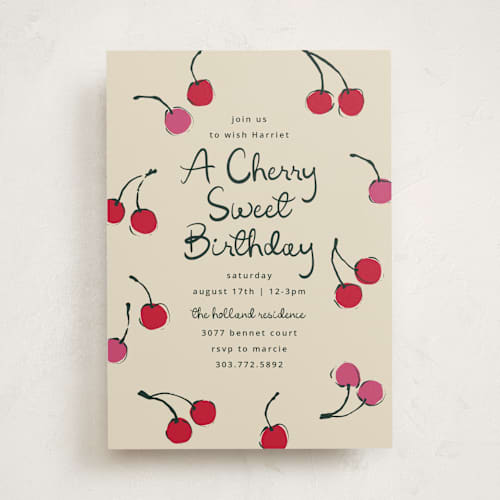 This is a tomato kids birthday invitations with standard by Kelly Watkins called cherries printing on signature in standard
