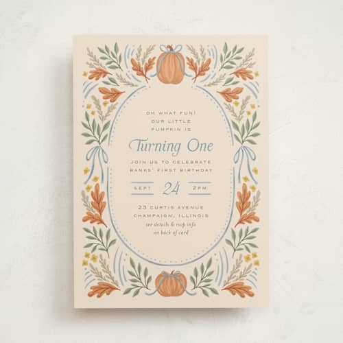 This is a cornflower kids birthday invitations with standard by Laura Hankins called pumpkins + bows printing on signature in standard