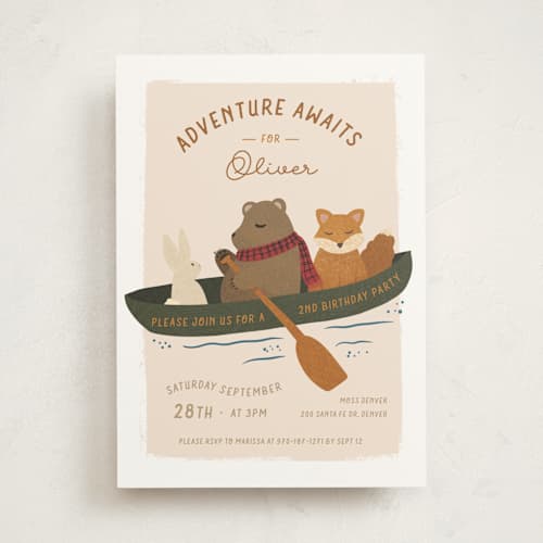 This is a forest kids birthday invitations with standard by Jenna Holcomb called adventure awaits printing on signature in standard