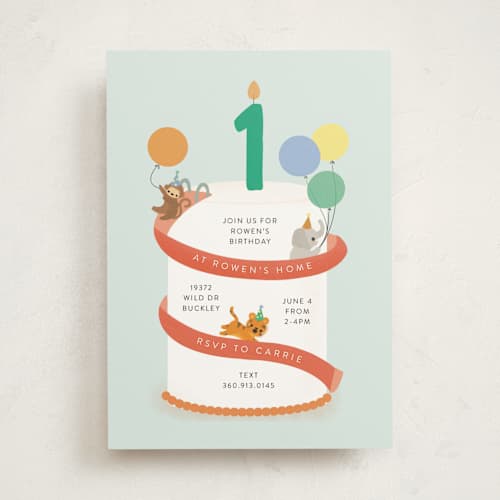 This is a aqua kids birthday invitations with standard by Itsy Belle Studio called party animal cake printing on signature in standard
