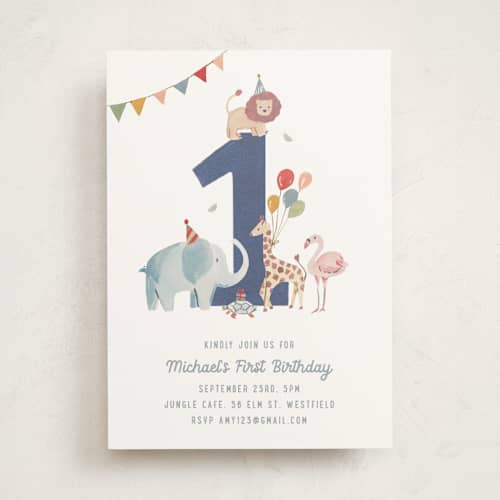 This is a cement kids birthday invitations with standard by Teju Reval called wild one printing on signature in standard
