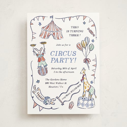 This is a sky kids birthday invitations with standard by Pati Cascino called circus day printing on signature in standard