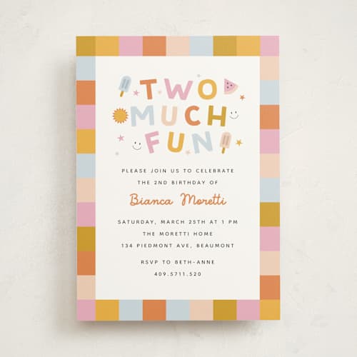This is a gumdrop kids birthday invitations with standard by Carmia C. called two much fun printing on signature in standard