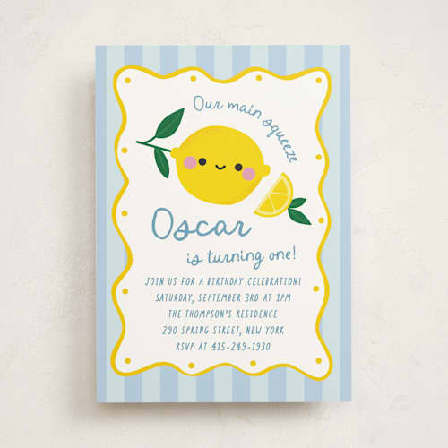 This is a blueberry kids birthday invitations with standard by Jennifer Lew called lemons printing on signature in standard