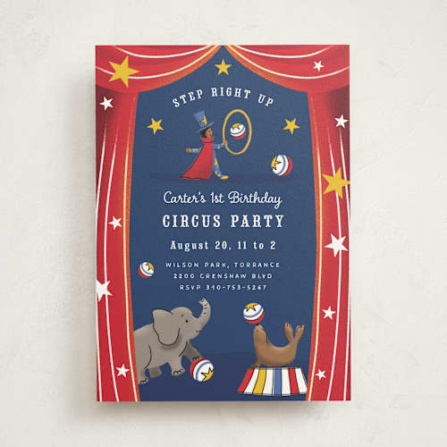 This is a scarlet kids birthday invitations with standard by Becky Nimoy called circus printing on signature in standard