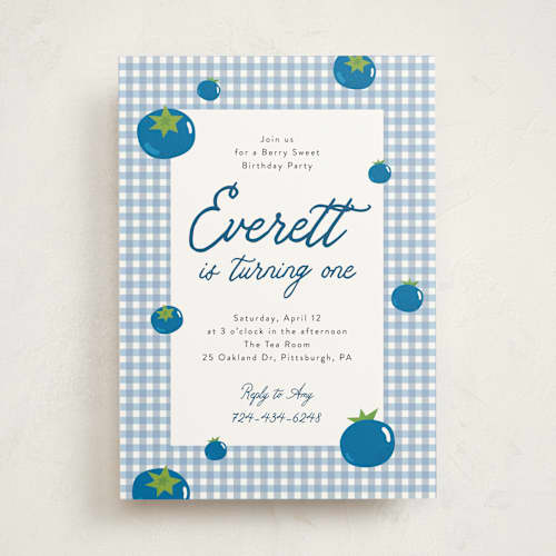 This is a blueberry kids birthday invitations with standard by Sarah Hawkins Designs called berry sweet printing on signature in standard