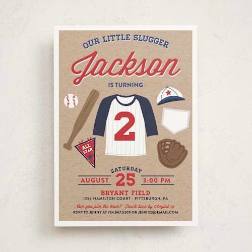 This is a patriotic kids birthday invitations with standard by One Swell Studio called little slugger printing on signature in standard