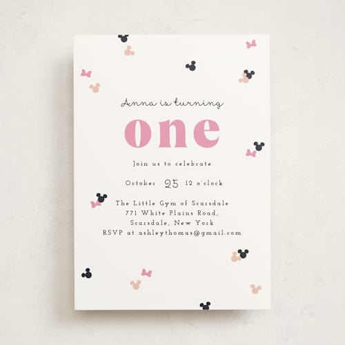 This is a peony kids birthday invitations with standard by Annie Holmquist called disney's minnie mouse confetti printing on signature in standard