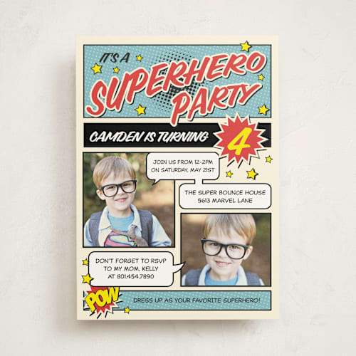 This is a steel kids birthday invitations with standard by Nam Bourassa called superhero birthday party printing on signature in standard