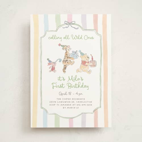 This is a confetti kids birthday invitations with standard by Creo Study called disney's winnie and friends preppy wild one printing on signature in standard