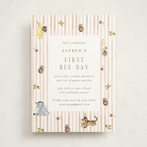 This is a honeypot kids birthday invitations with standard by Sarah Knight called disney's winnie the pooh first bee-day printing on signature in standard