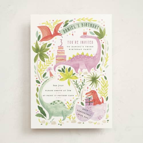 This is a forest kids birthday invitations with standard by Sarah Knight called party dinos printing on signature in standard