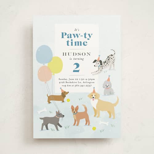 This is a sky kids birthday invitations with standard by Karidy Walker called pawty time printing on signature in standard