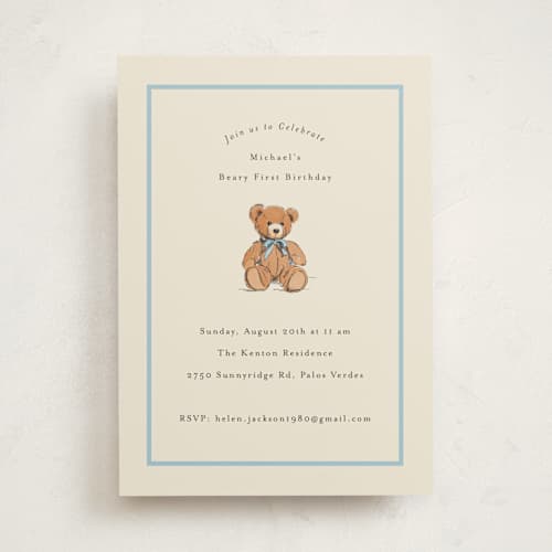 This is a frost kids birthday invitations with standard by Becky Nimoy called antique teddy bear printing on signature in standard