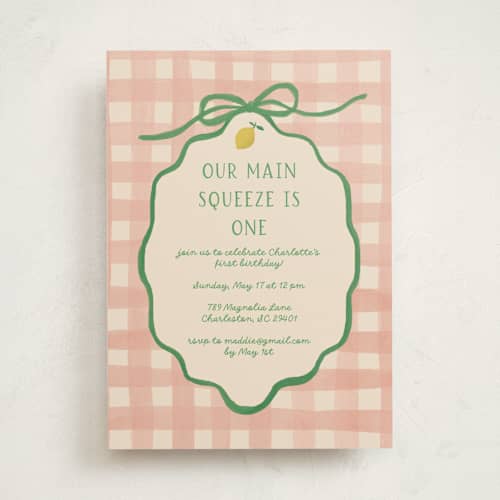 This is a strawberry match kids birthday invitations with standard by Vera Lim called lemonade printing on signature in standard