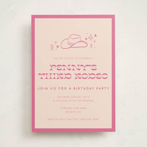 This is a peony kids birthday invitations with standard by Rachel Cassel called cowgirl birthday printing on signature in standard