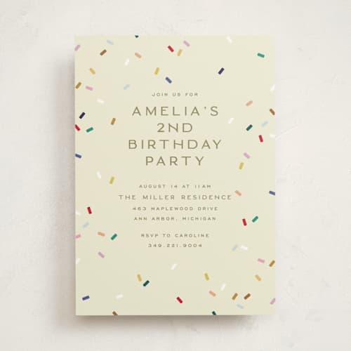 This is a cream kids birthday invitations with standard by Ellen Schlegelmilch called tiny bold sprinkles printing on signature in standard