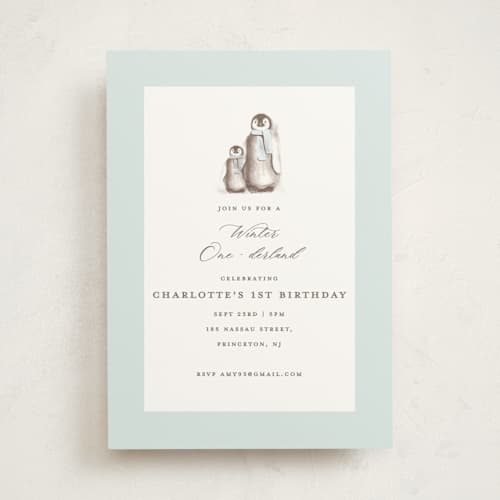 This is a ice kids birthday invitations with standard by Teju Reval called penguins printing on signature in standard