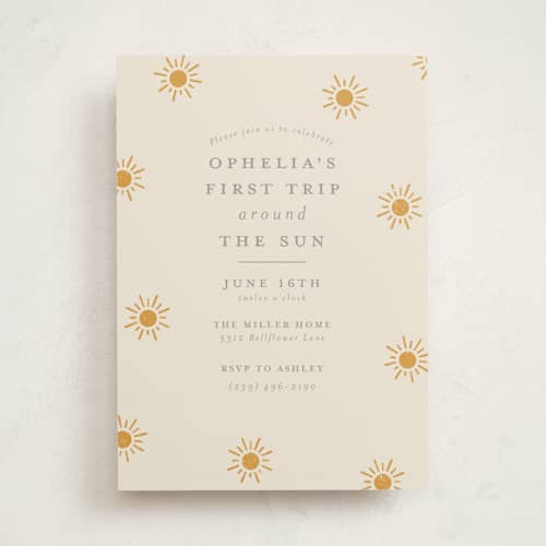 This is a golden sun kids birthday invitations with standard by Meggy Masters called sun toss printing on signature in standard