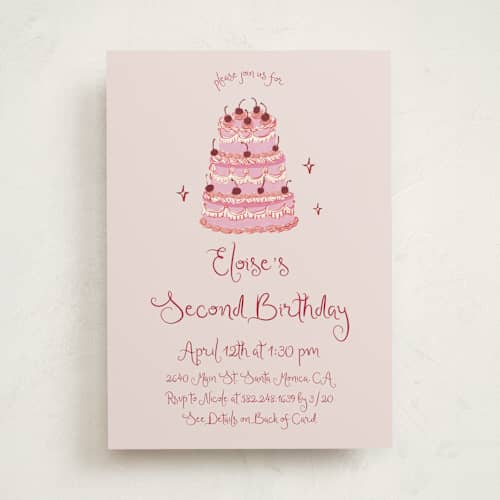 This is a blush kids birthday invitations with standard by Cass Loh called vintage birthday cake printing on signature in standard