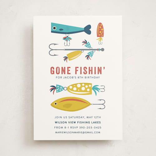 This is a ocean kids birthday invitations with standard by Bethany Anderson called gone fishin' printing on signature in standard