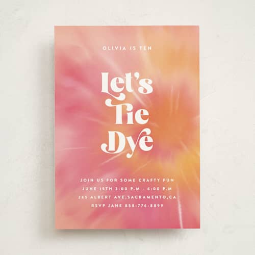 This is a coral kids birthday invitations with standard by Nazia Hyder called tie dye party printing on signature in standard