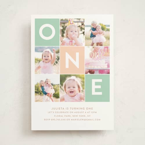 This is a seafoam kids birthday invitations with standard by Joanne James called simply one printing on signature in standard