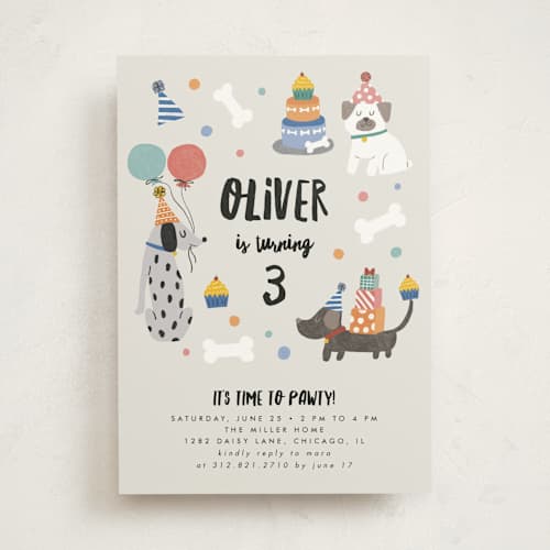 This is a classic kids birthday invitations with standard by Lehan Veenker called party puppers printing on signature in standard