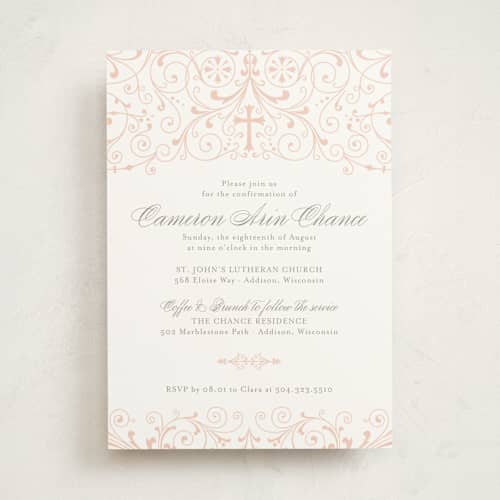 This is a soft peach confirmation invitations cards with standard by Sarah Brown called graceful printing on signature in standard
