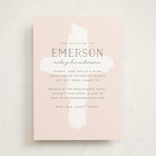 This is a bloom confirmation invitations cards with standard by Susan Asbill called brushed cross printing on signature in standard