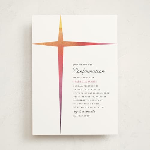This is a vanilla confirmation invitations cards with standard by Beth Schneider called ombre cross printing on signature in standard