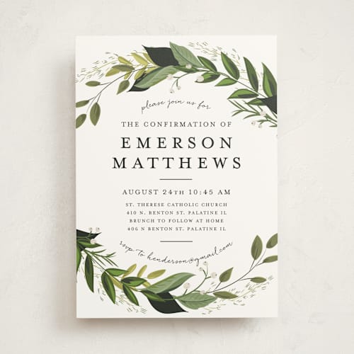 This is a fern confirmation invitations cards with standard by Susan Moyal called vines of green printing on signature in standard