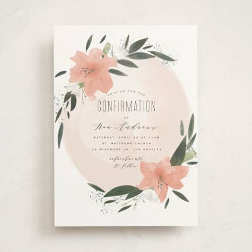 This is a blush confirmation invitations cards with standard by Leah Bisch called floral burst printing on signature in standard