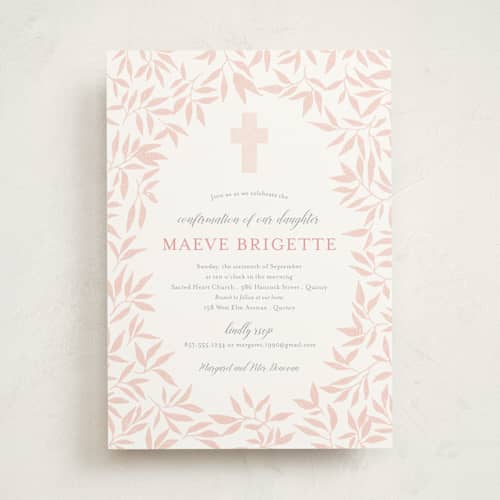 This is a blush confirmation invitations cards with standard by Paula Pecevich called blessed laurels printing on signature in standard