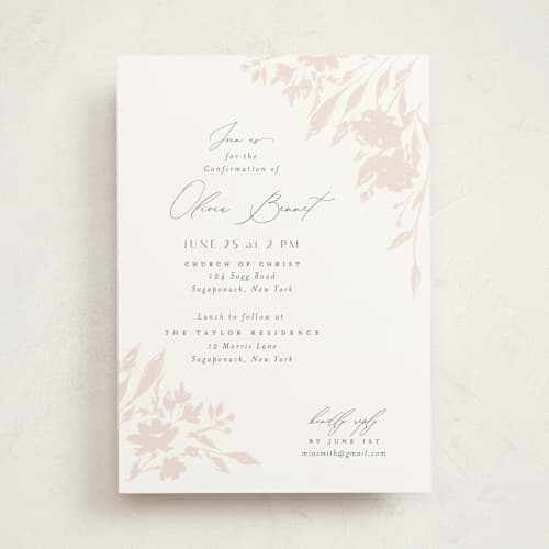 This is a peony confirmation invitations cards with standard by Nicoletta Savod called blushed printing on signature in standard