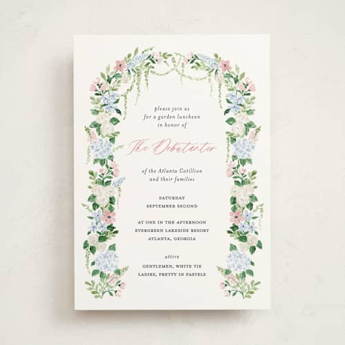 This is a blush debutante party invitations with standard by Sarah Knight called daphne printing on signature in standard