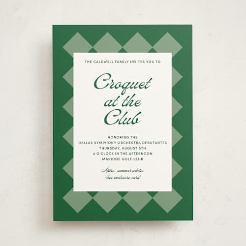 This is a green lawn debutante party invitations with standard by Inkblot Design called argyle printing on signature in standard