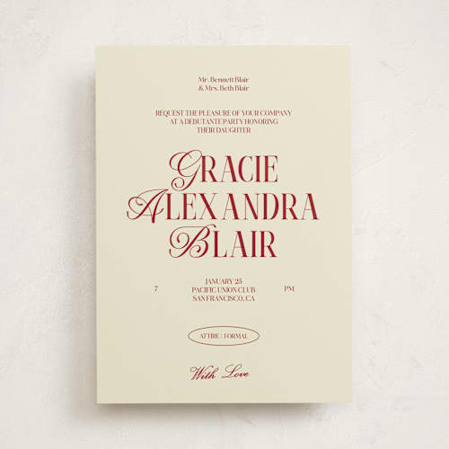 This is a cherry debutante party invitations with standard by Helena Vitto called the debut season printing on signature in standard