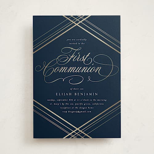 This is a midnight blue confirmation invitations cards with foil pressed by Erin Deegan called fancy printing on signature in standard