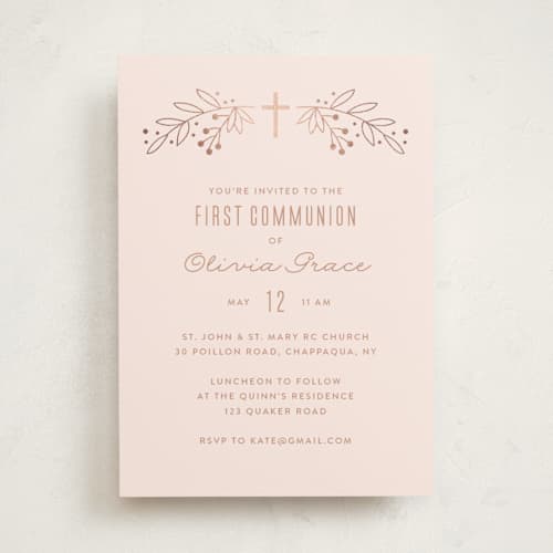 This is a blush confirmation invitations cards with foil pressed by Annie Holmquist called gilded cross printing on signature in standard