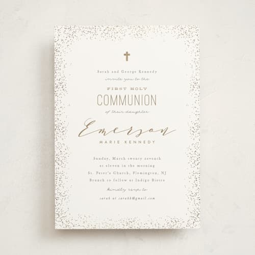 This is a champagne confirmation invitations cards with foil pressed by Creo Study called heavenly blessings printing on signature in standard