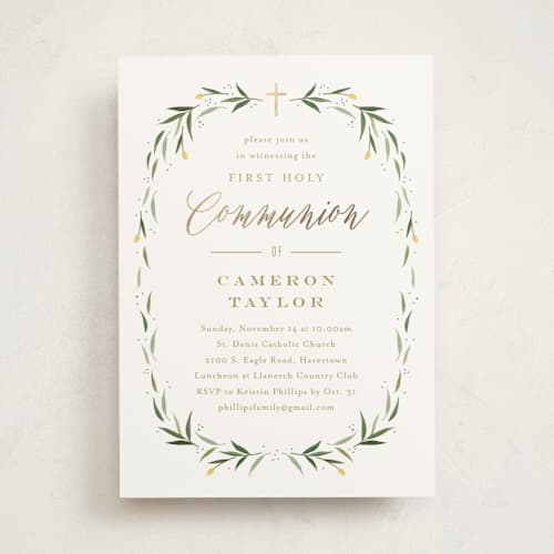 This is a leaf confirmation invitations cards with foil pressed by Carolyn MacLaren called eucalyptus wreath printing on signature in standard