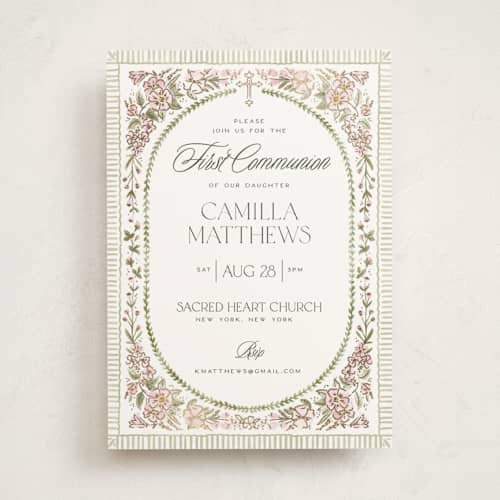 This is a rose confirmation invitations cards with foil pressed by Jenna Holcomb called wildflower frame printing on signature in standard