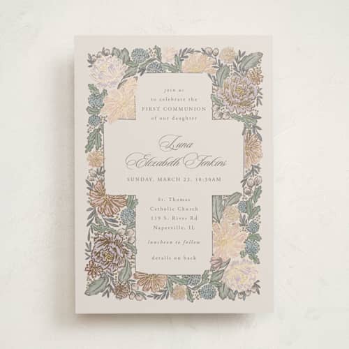 This is a peony confirmation invitations cards with foil pressed by Jen Owens called blooming printing on signature in standard