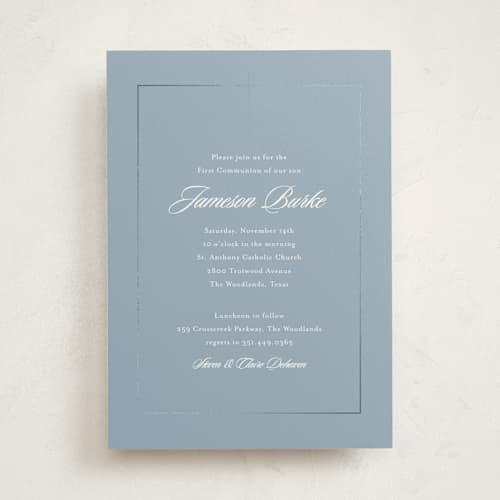 This is a bluebell confirmation invitations cards with foil pressed by Jessica Williams called covenant printing on signature in standard