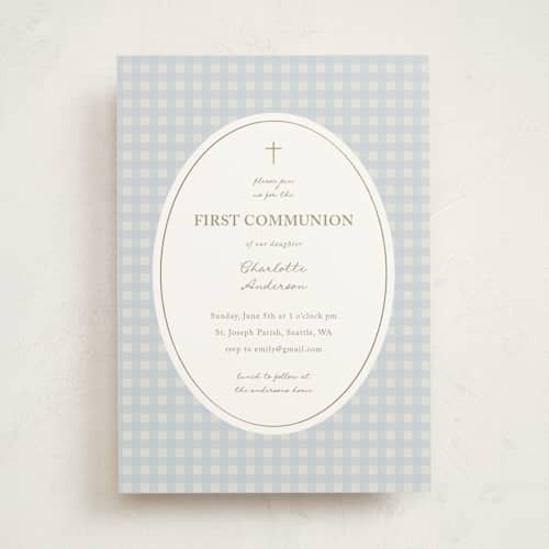 This is a powder confirmation invitations cards with foil pressed by Stephanie Heinrich Godbout called gentle beginnings printing on signature in standard