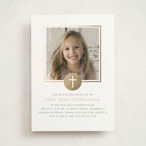This is a golden communion invitations announcements with standard by Erin Deegan called golden cross printing on signature in standard