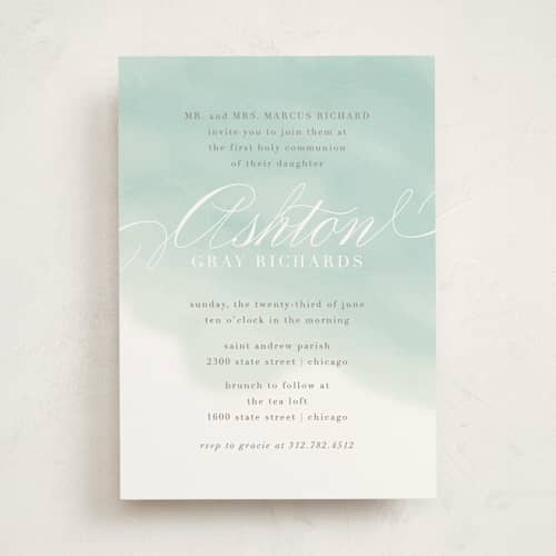 This is a aqua communion invitations announcements with standard by Lehan Veenker called water wash printing on signature in standard