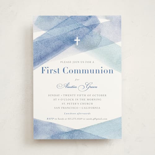 This is a ocean communion invitations announcements with standard by Shannon Chen of Four Wet Feet Studio called watercolor stripes printing on signature in standard